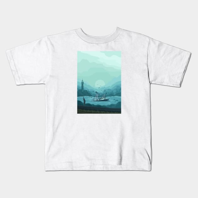 Fisherman and Fishing Boat Kids T-Shirt by michony